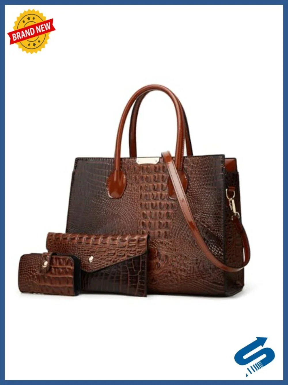 Luxury Crocodile Embossed 3 Pc Tote Handbag Set with Wallet